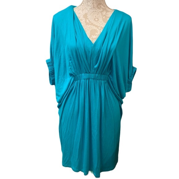 TRINA TURK Tunic Dress Batwing Gathered Waist Turquoise Size 4 - Picture 2 of 9